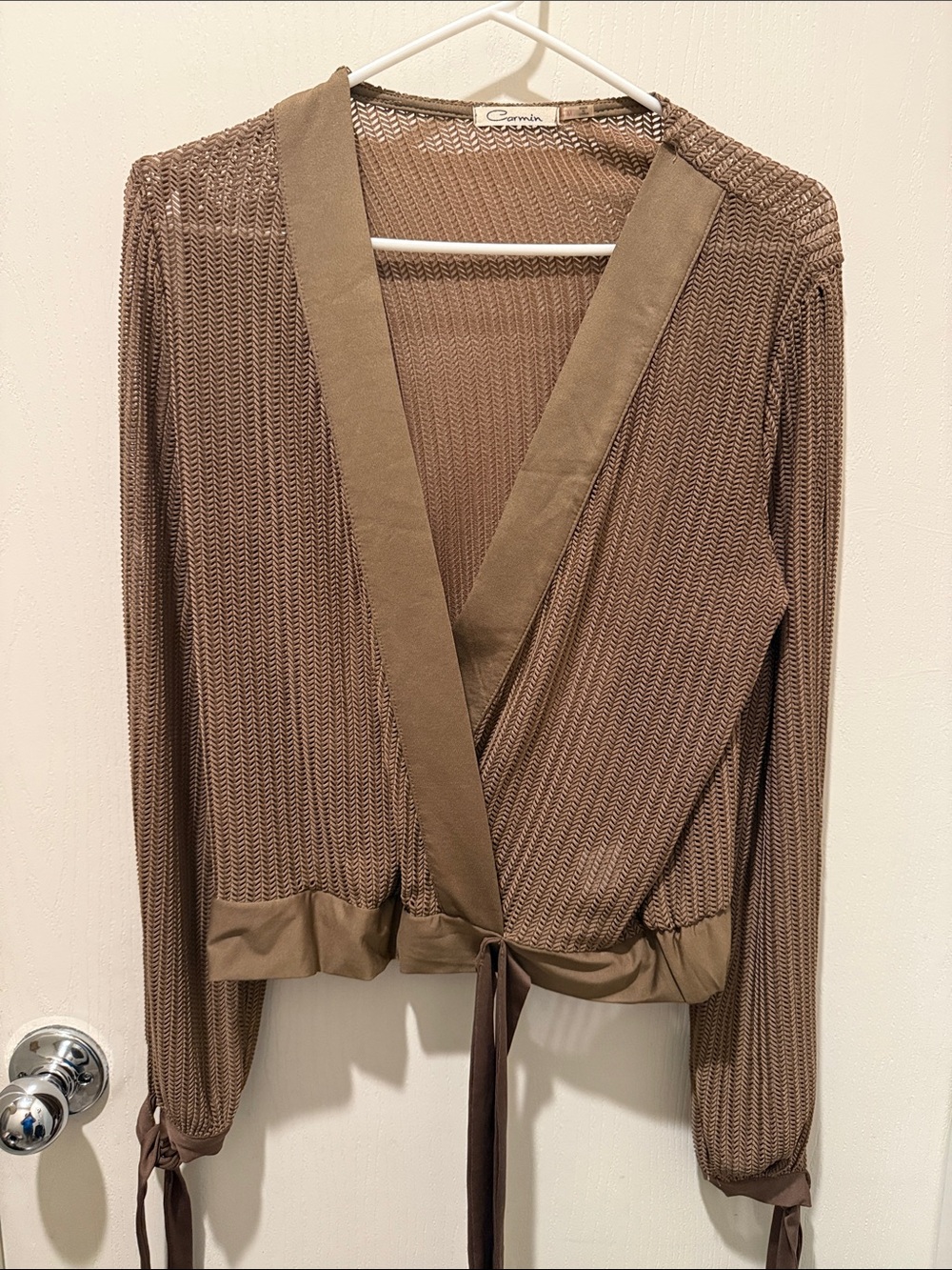 Carven Taupe Wrap-Front Knit Cardigan with Tie Waist